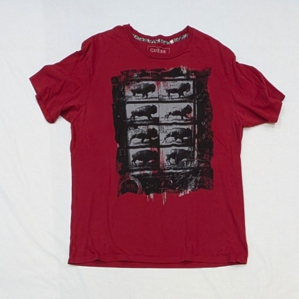 Guess Los Angeles Mens Red Bison Graphic T-Shirt XXL Short Sleeve Crew Neck
